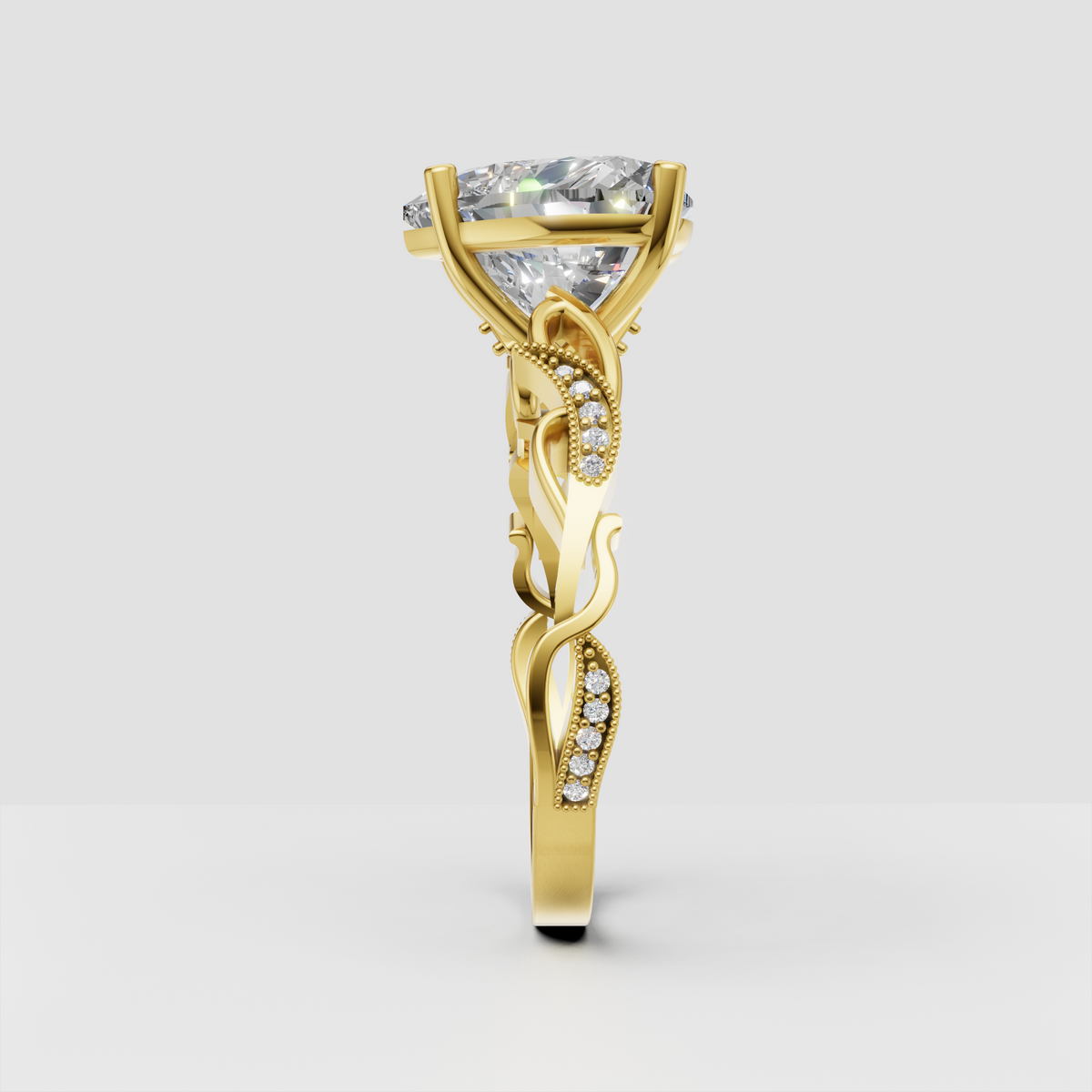 Heart shaped diamond ring with intricate milgrain split shank band
