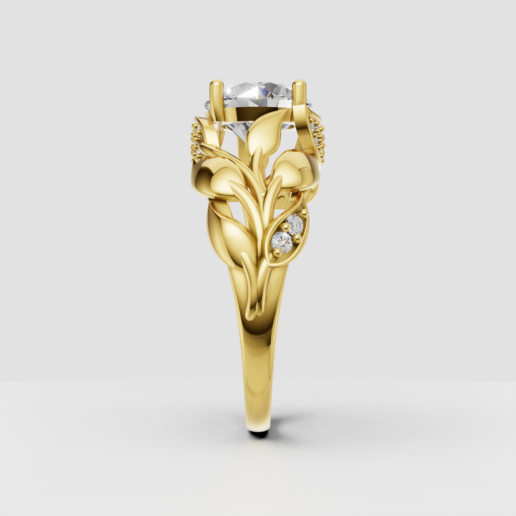 Nature inspired round diamond ring with botanical shoulders