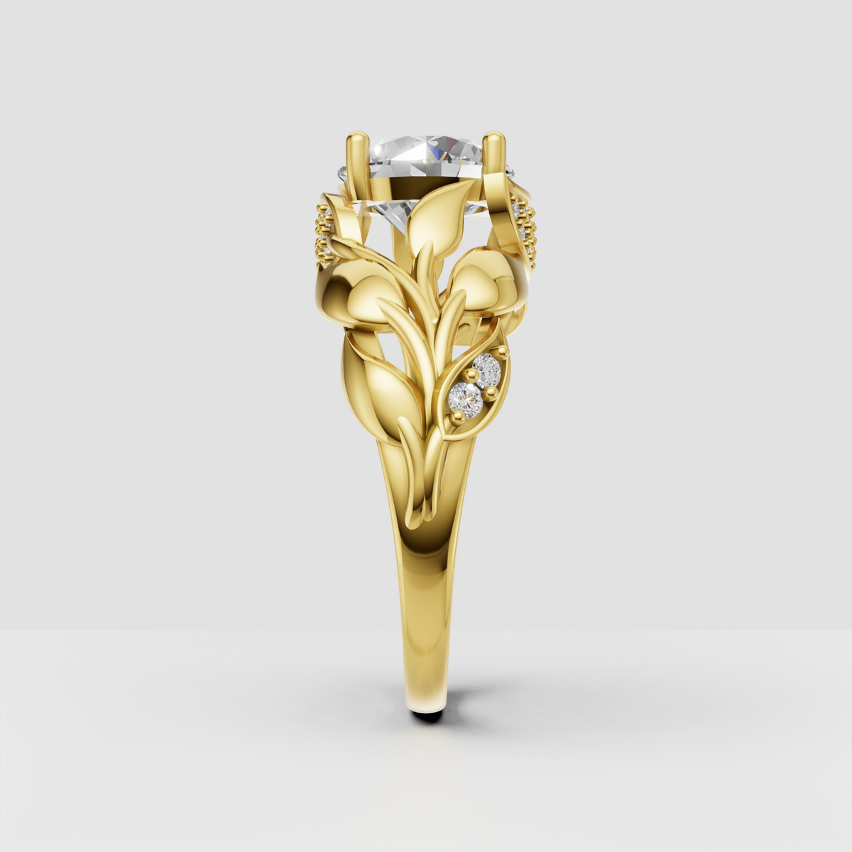 Nature inspired round diamond ring with botanical shoulders