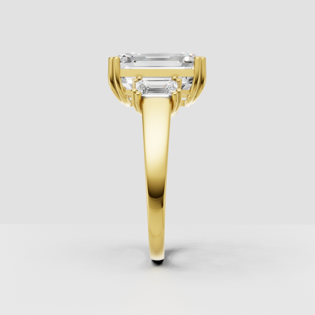 Three stone emerald cut diamond engagement ring front view