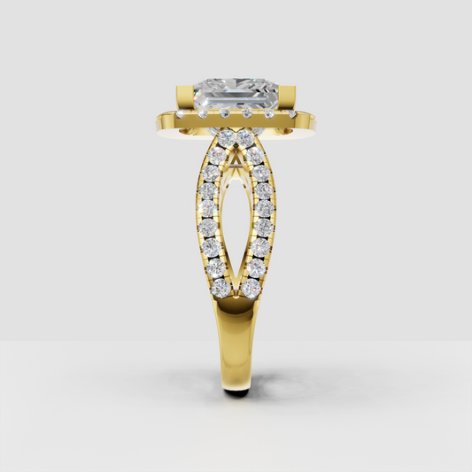 Princess diamond ring featuring a double row round diamond halo