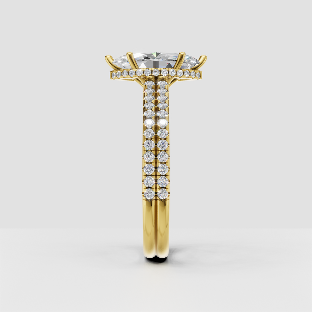 Marquise center diamond ring with double pavé rows and polished gold band