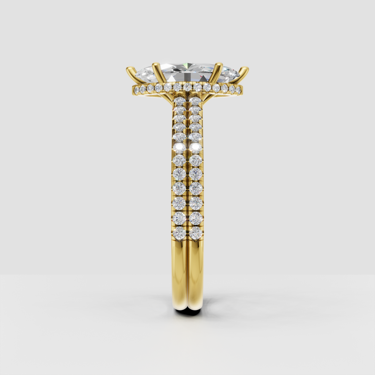 Marquise center diamond ring with double pavé rows and polished gold band