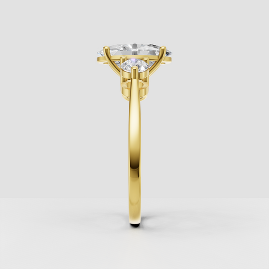 Elegant oval cut diamond ring with two side stones