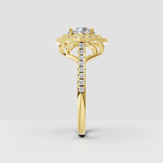 Floral shaped round diamond engagement ring in polished gold