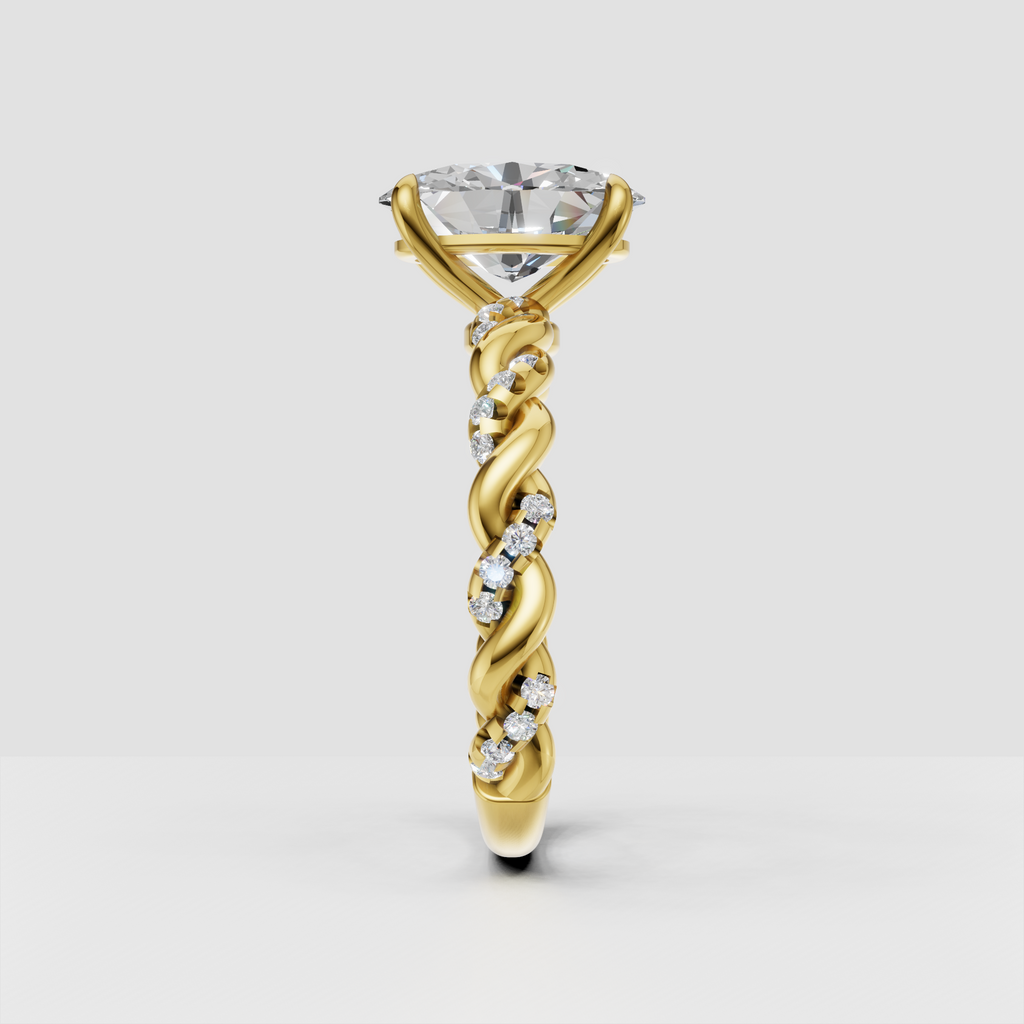 Oval diamond ring featuring twisted shoulders and round side diamonds