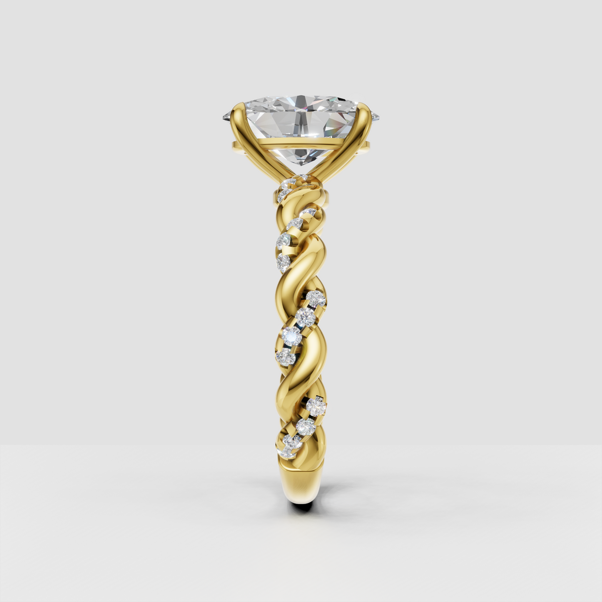 Oval diamond ring featuring twisted shoulders and round side diamonds