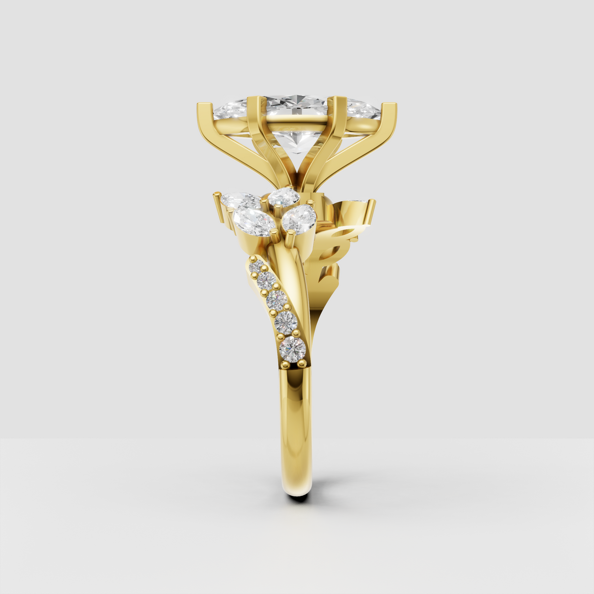 Marquise diamond ring with leaf inspired split shank design