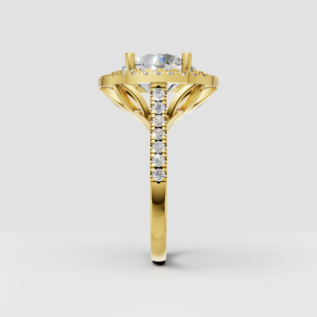 Yellow gold round diamond engagement ring with two diamond halos
