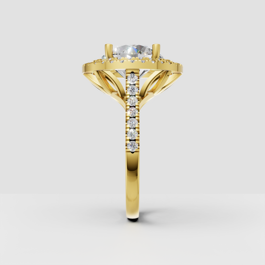 Yellow gold round diamond engagement ring with two diamond halos