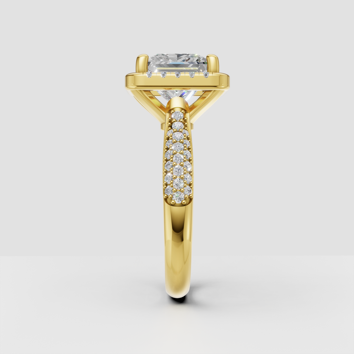 Square Princess Diamond Halo Ring with round accent stones