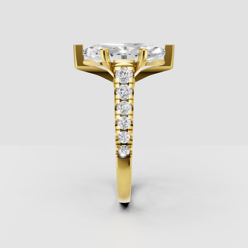 Yellow gold marquise cut diamond ring with cathedral-inspired pavé band