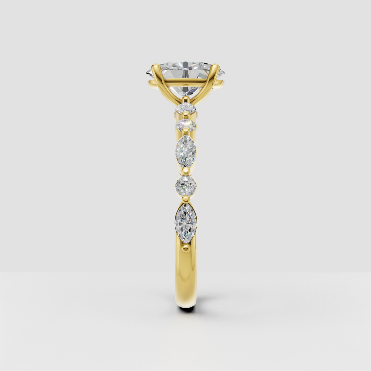 Yellow gold oval cut diamond ring with marquise accent diamonds