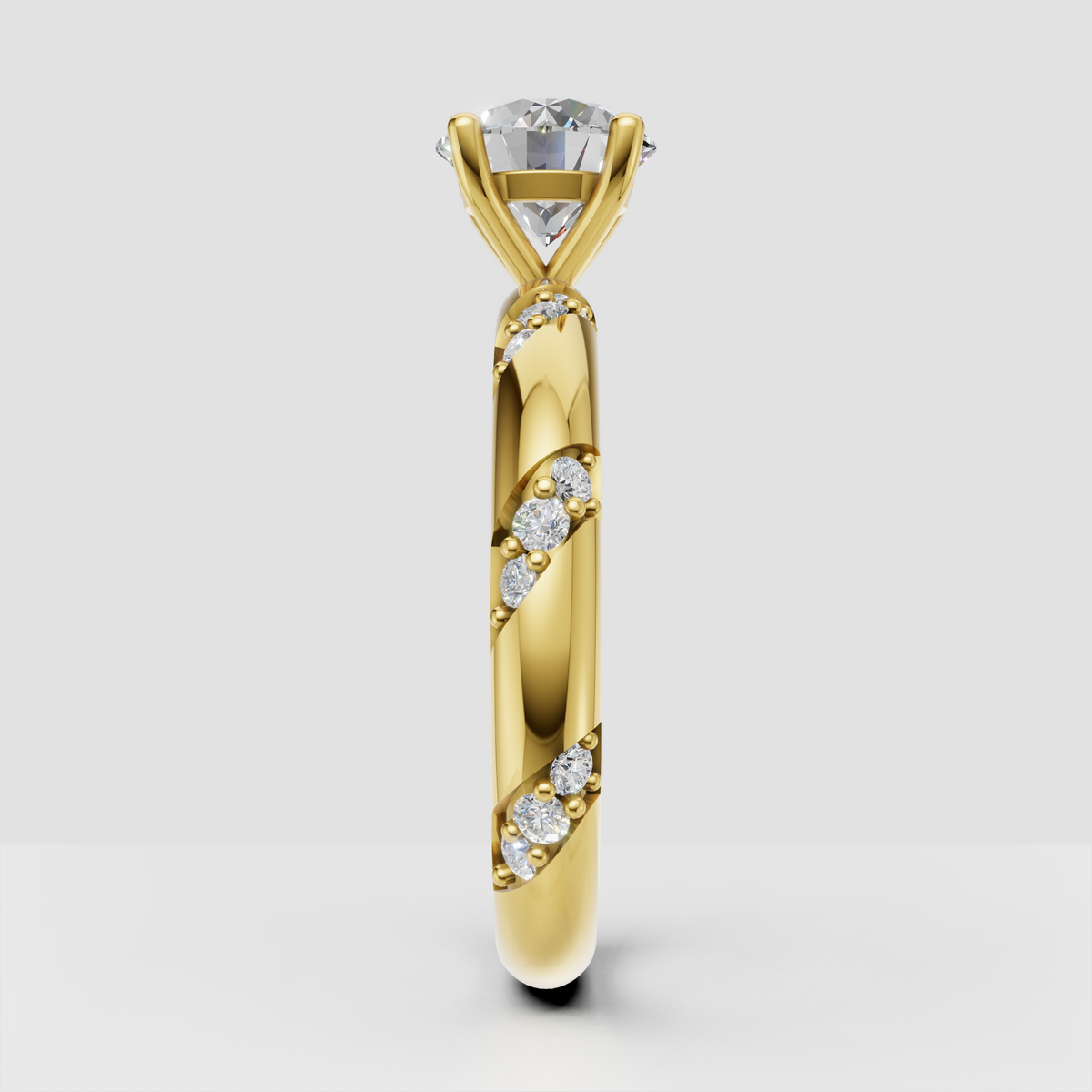 Round cut diamond ring with polished yellow gold band