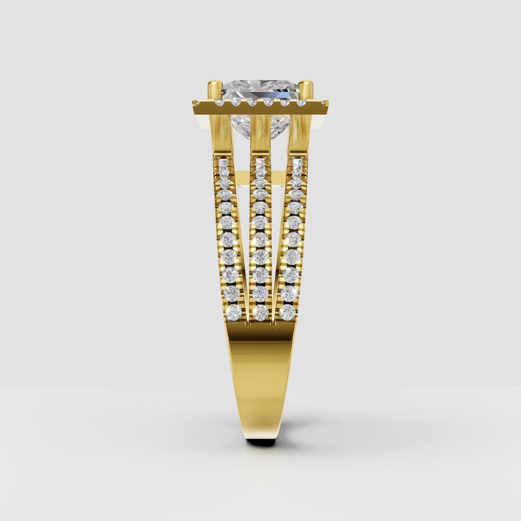 Princess diamond ring with multi-row pavé shoulders