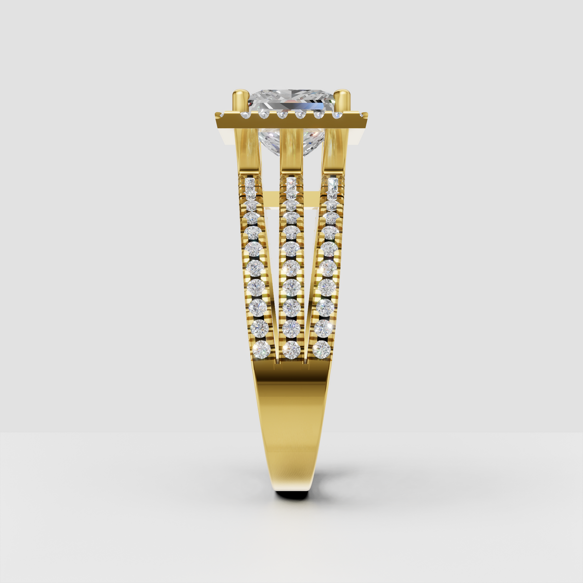 Princess diamond ring with multi-row pavé shoulders