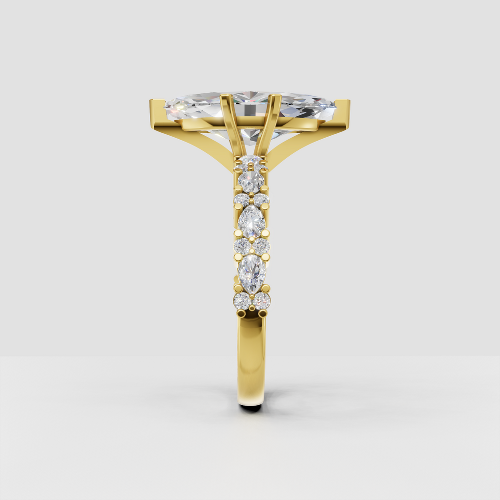 Marquise cut diamond ring featuring round and marquise side stones