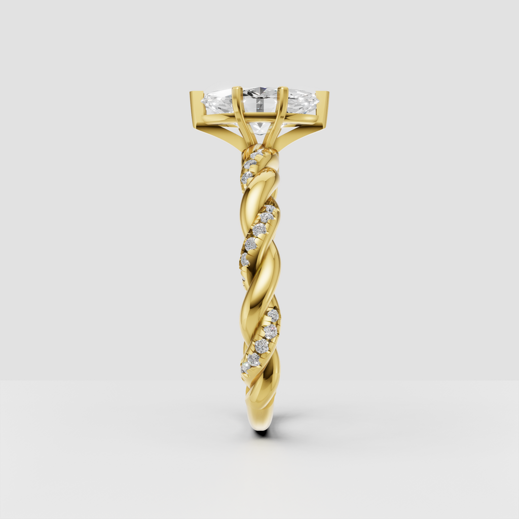 Yellow gold marquise engagement ring with twisted pavé band