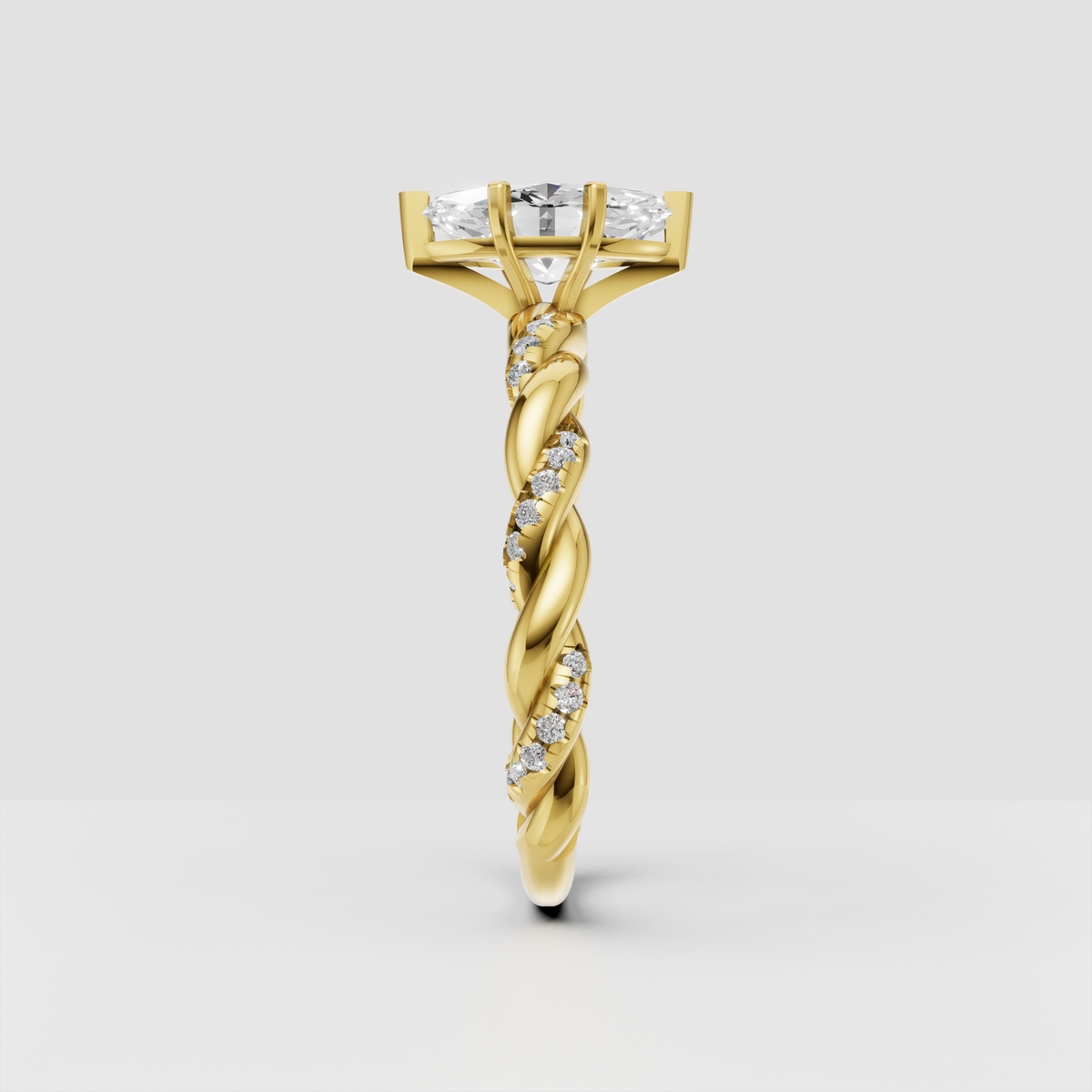 Yellow gold marquise engagement ring with twisted pavé band