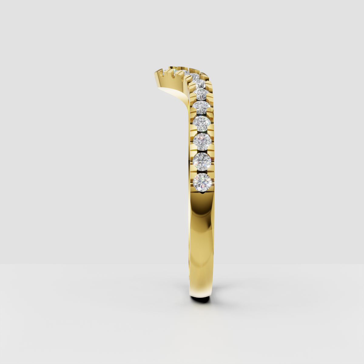 Yellow gold V shaped diamond stacking ring with continuous round stones