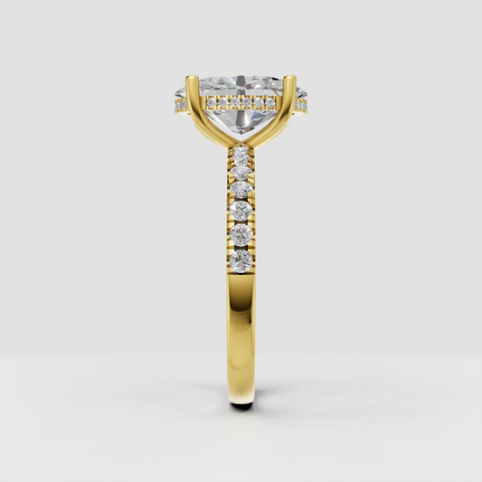 Oval hidden halo diamond ring in polished yellow gold