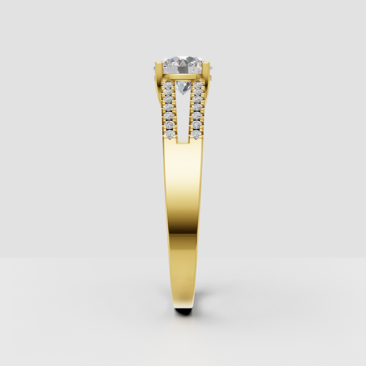 Yellow gold round diamond engagement ring with split-shank design