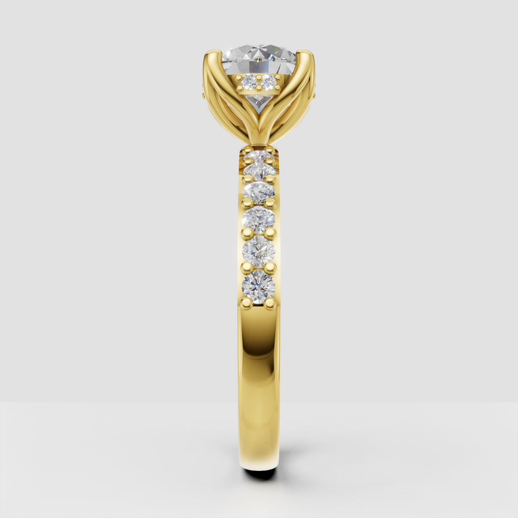 Yellow gold round diamond ring with intricate floral gallery