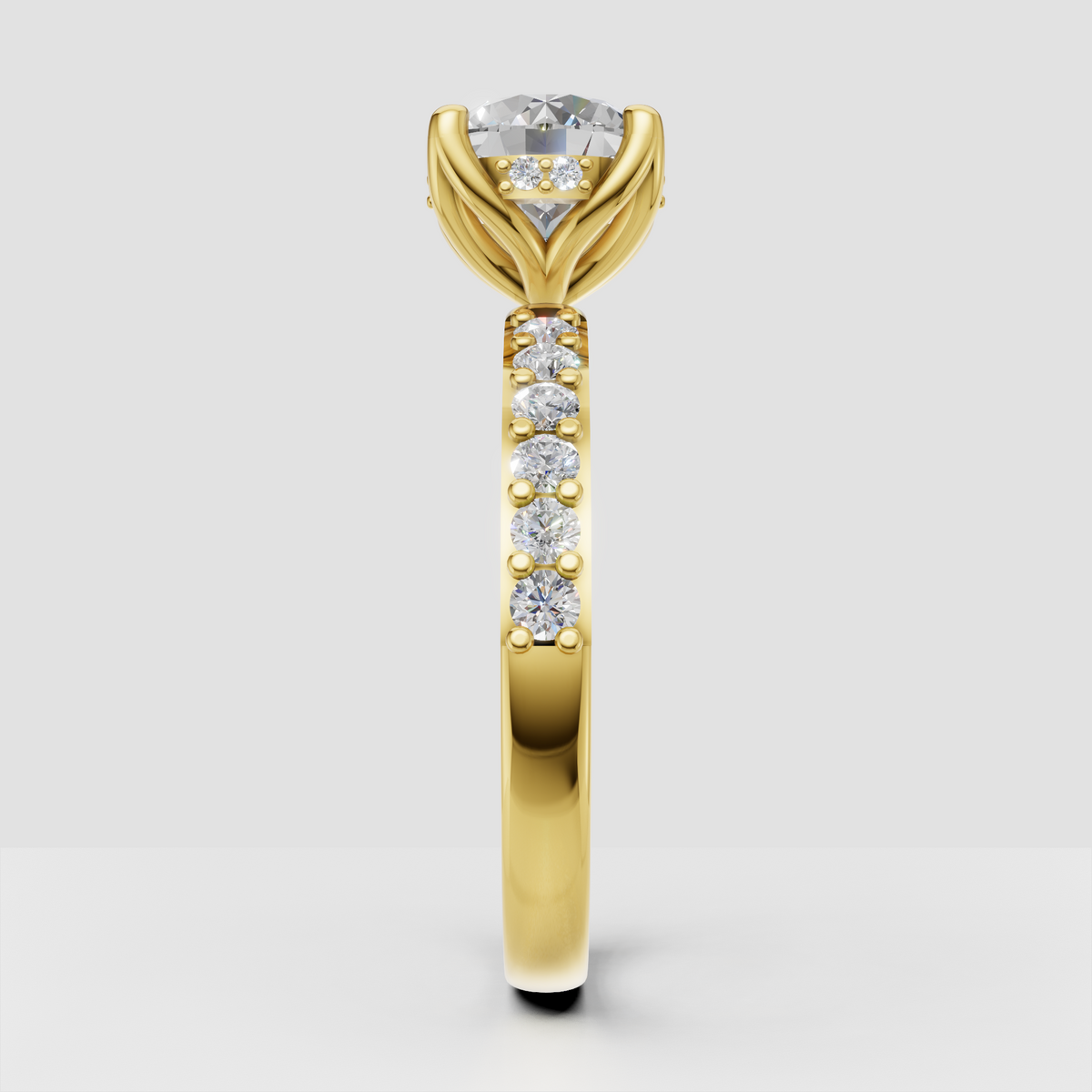 Yellow gold round diamond ring with intricate floral gallery