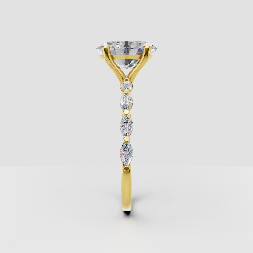 Oval center stone ring with cathedral prong setting and marquise accents