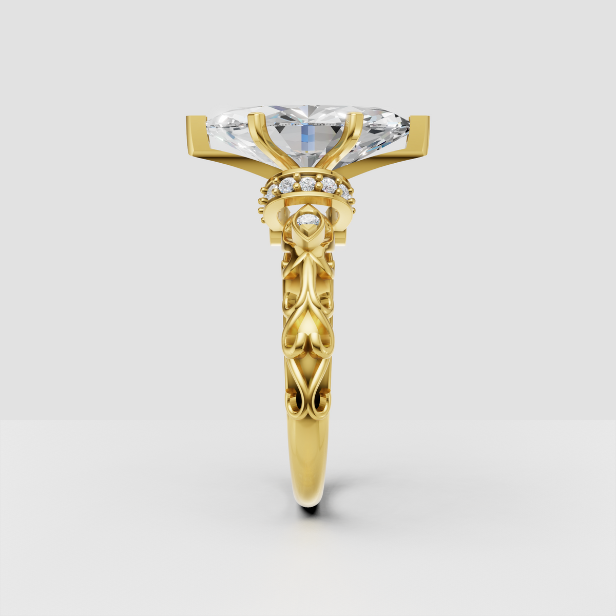 Ornate marquise engagement ring with sparkling accent stones