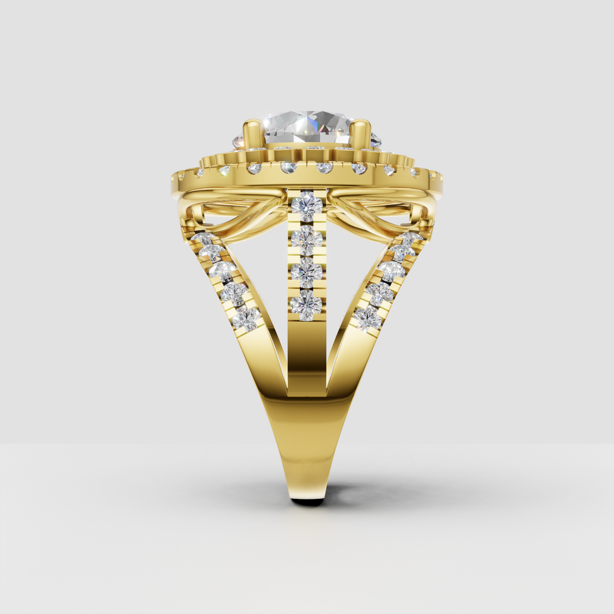 Luxury round cut diamond ring with two concentric diamond halos