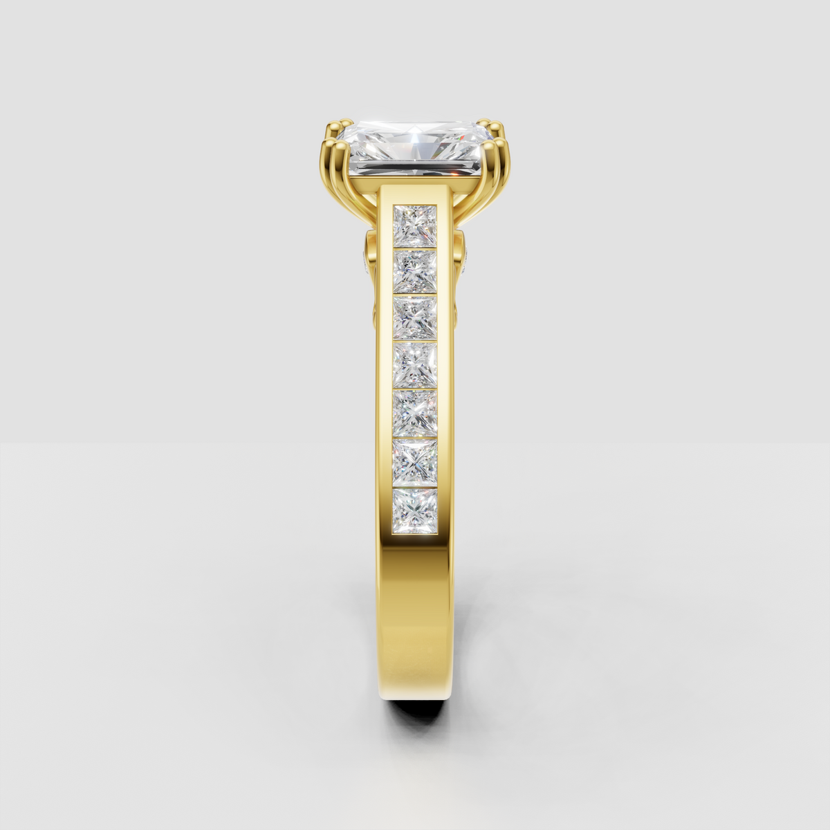 Radiant cut engagement ring with diamond channel band