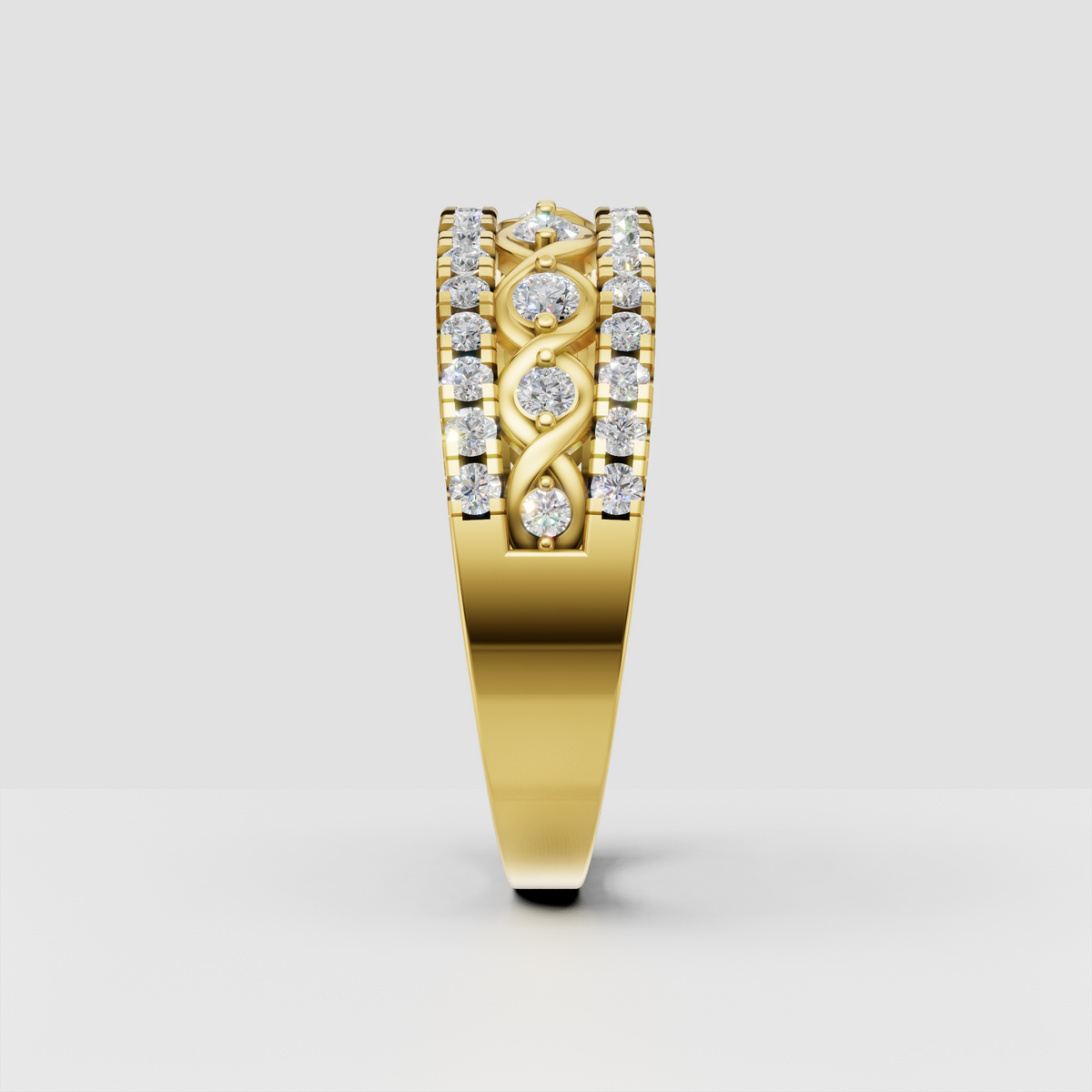 Yellow gold diamond ring featuring twisted infinity motif and side stones