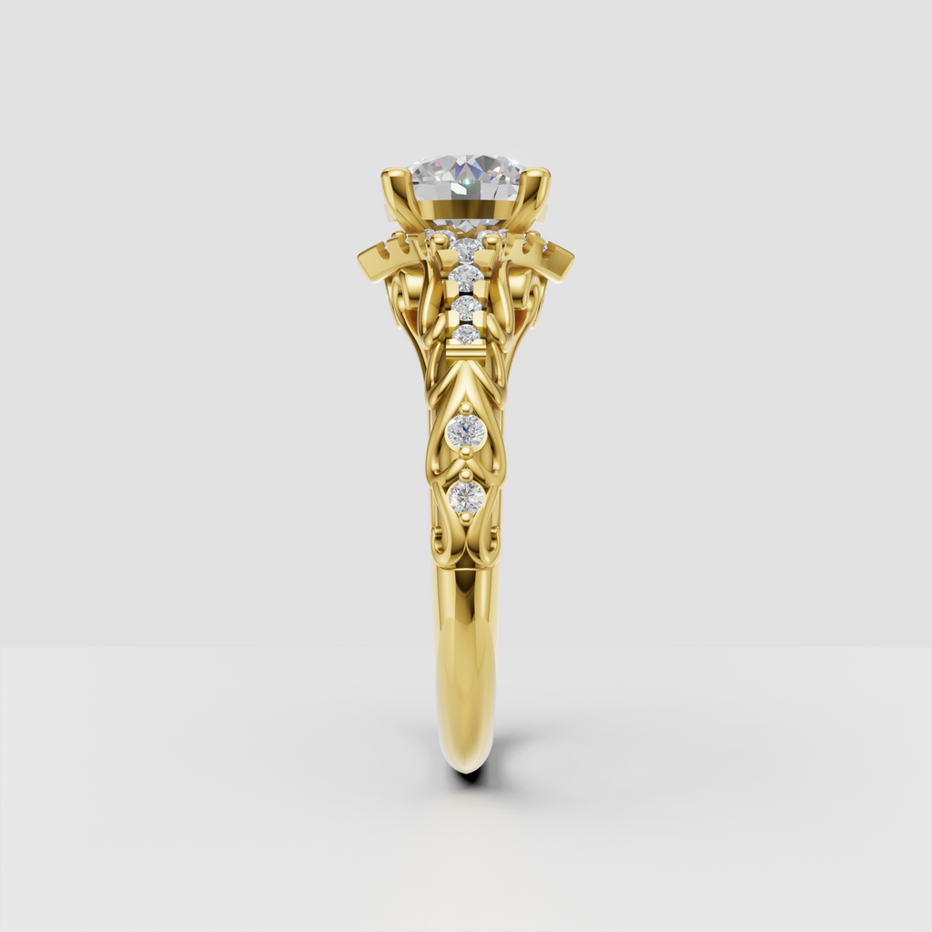 Vintage-inspired round diamond engagement ring with intricate scrollwork