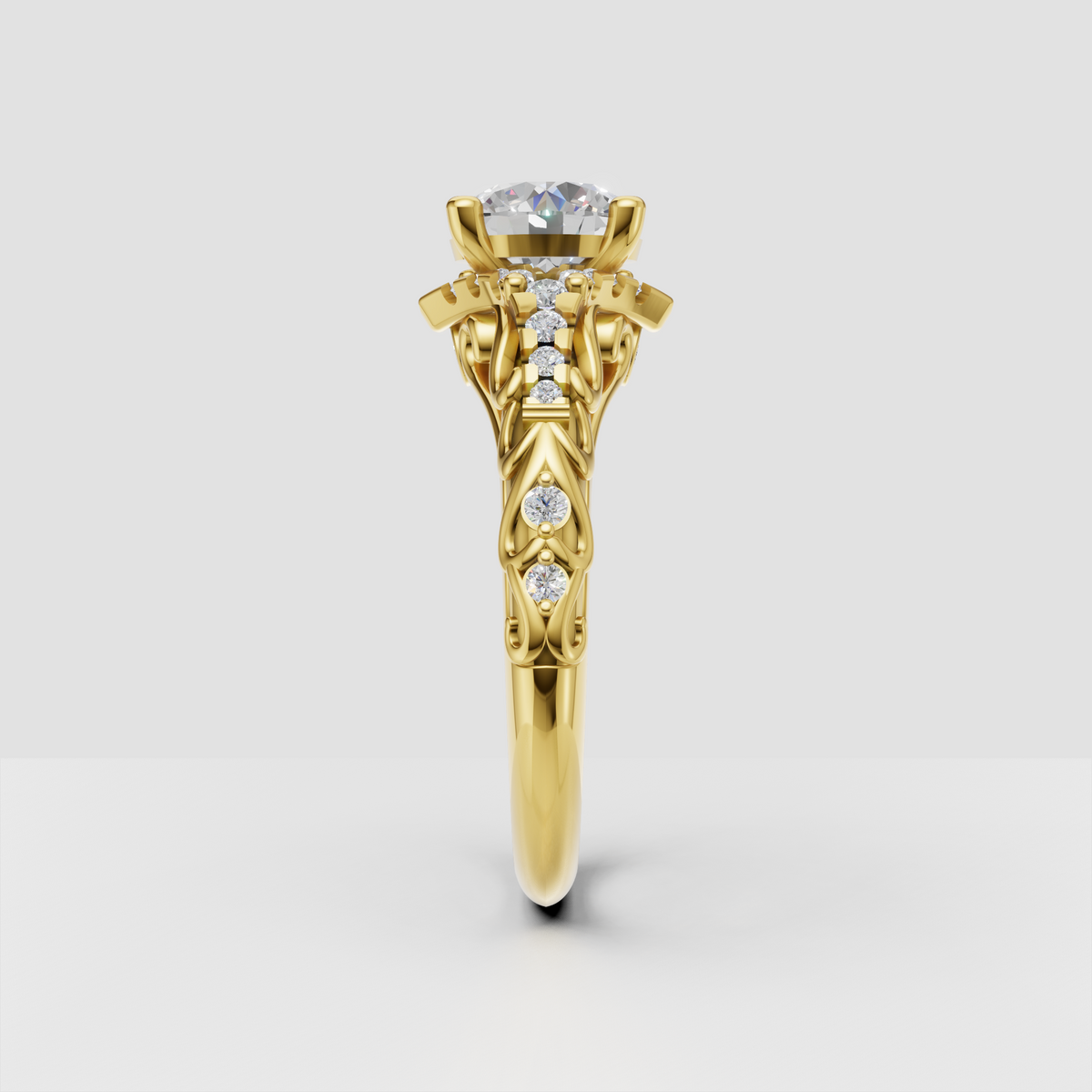 Vintage-inspired round diamond engagement ring with intricate scrollwork