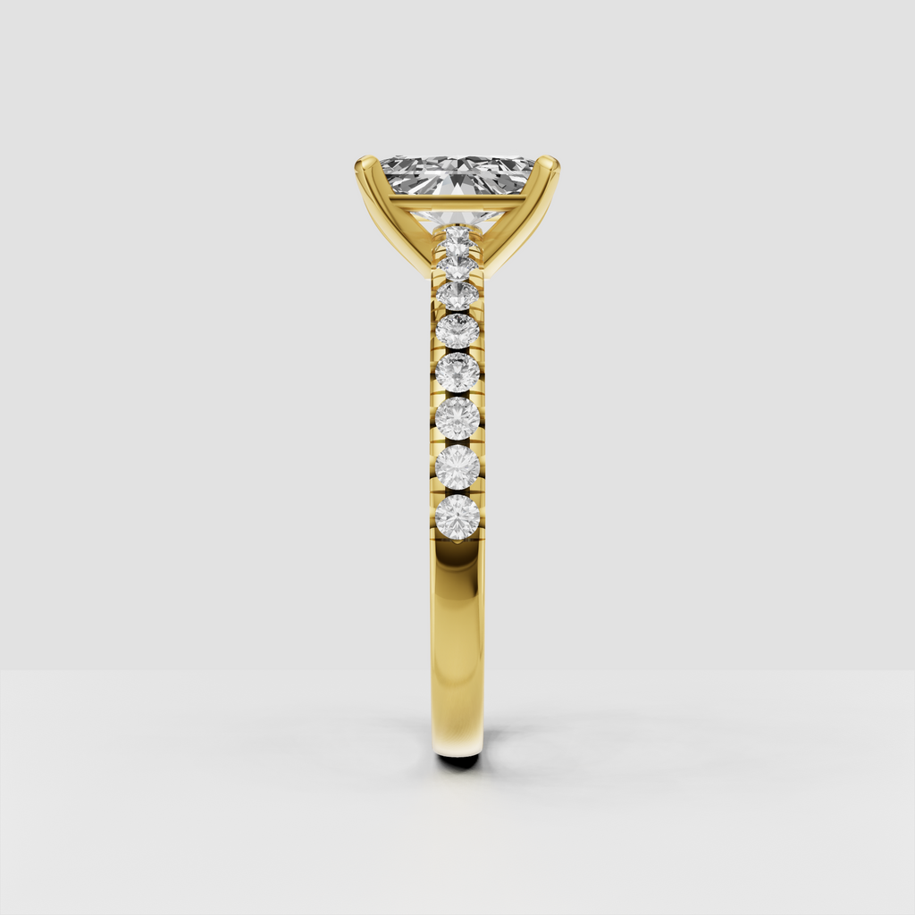 Elegant radiant-cut Diamond solitaire ring with full pavé shank
