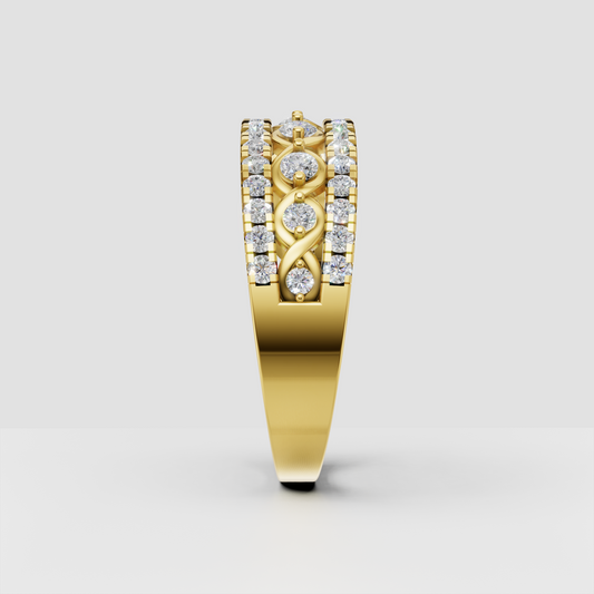 Wide round diamond wedding band featuring an interwoven center design