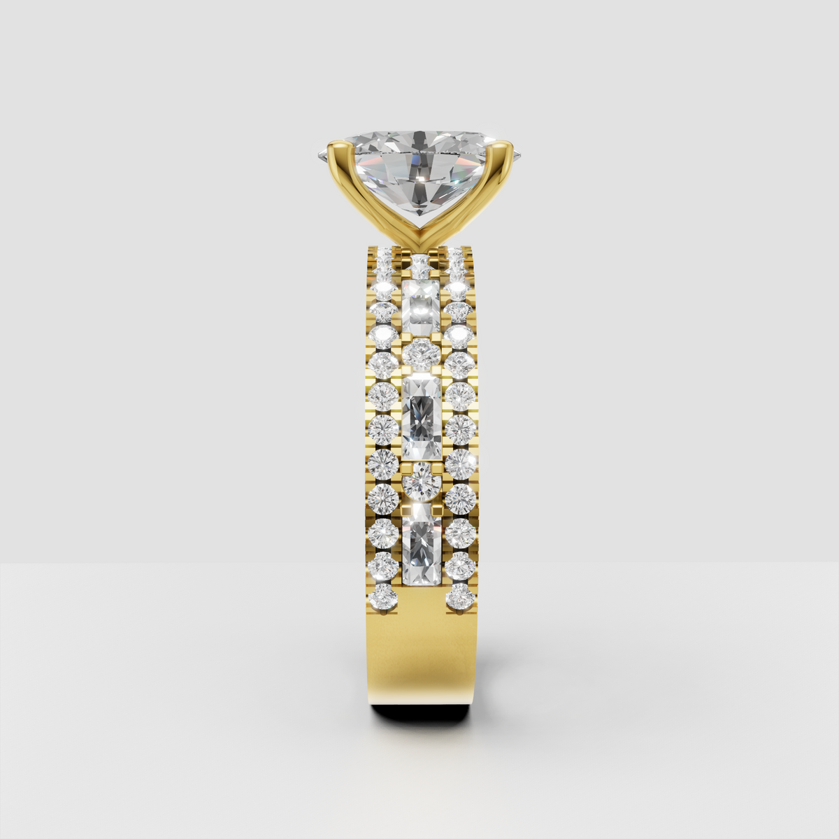 Oval engagement ring with large center stone and multi-row baguette and round diamond band