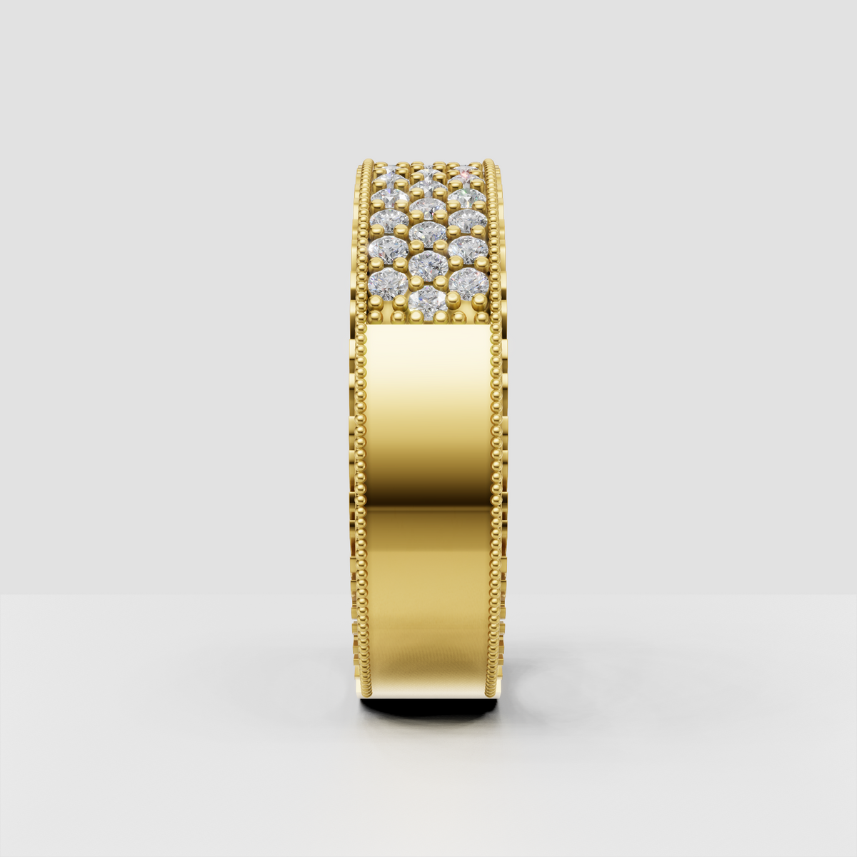 Yellow gold three-row diamond band ring with beaded detailing