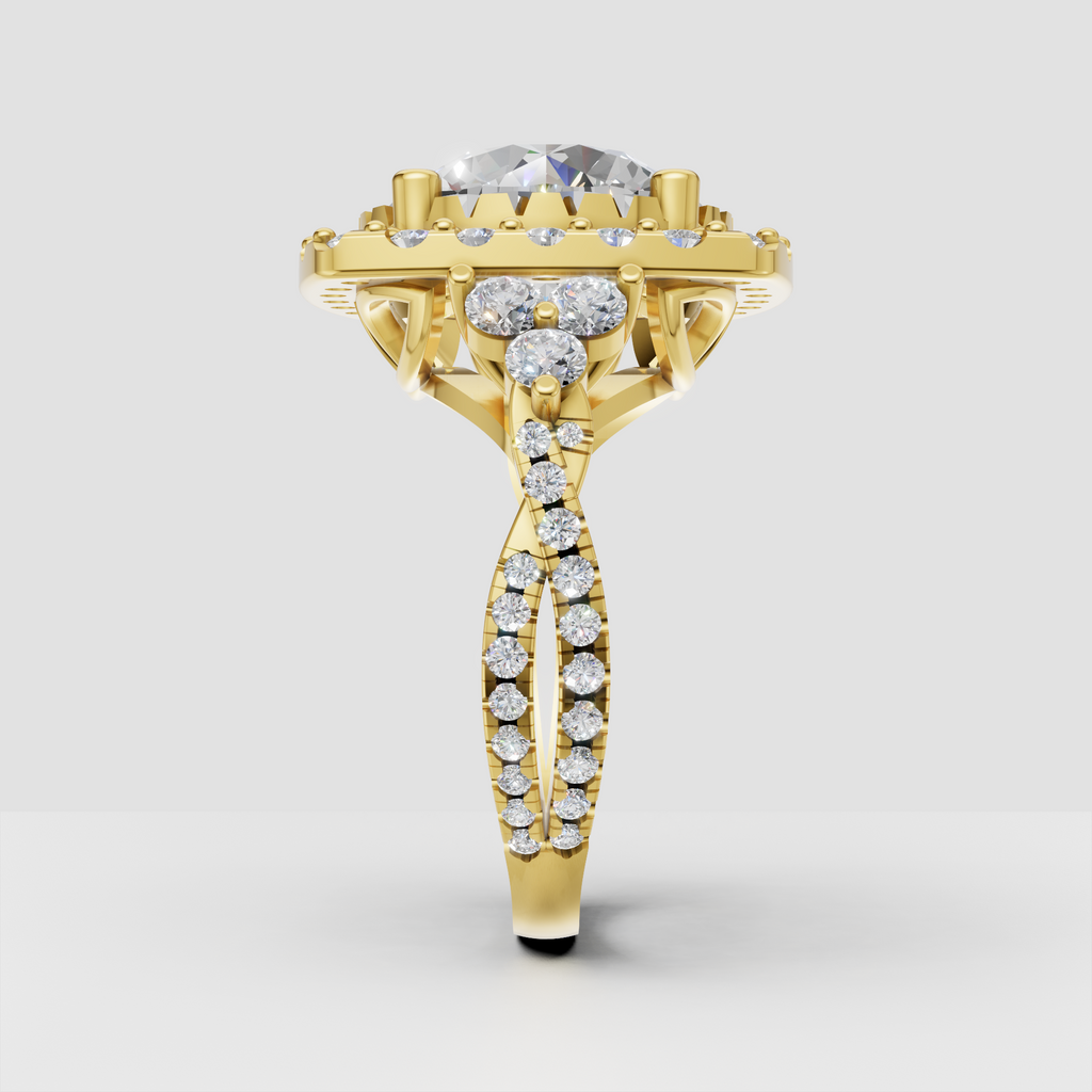 Yellow gold round halo engagement ring with pavé split shank