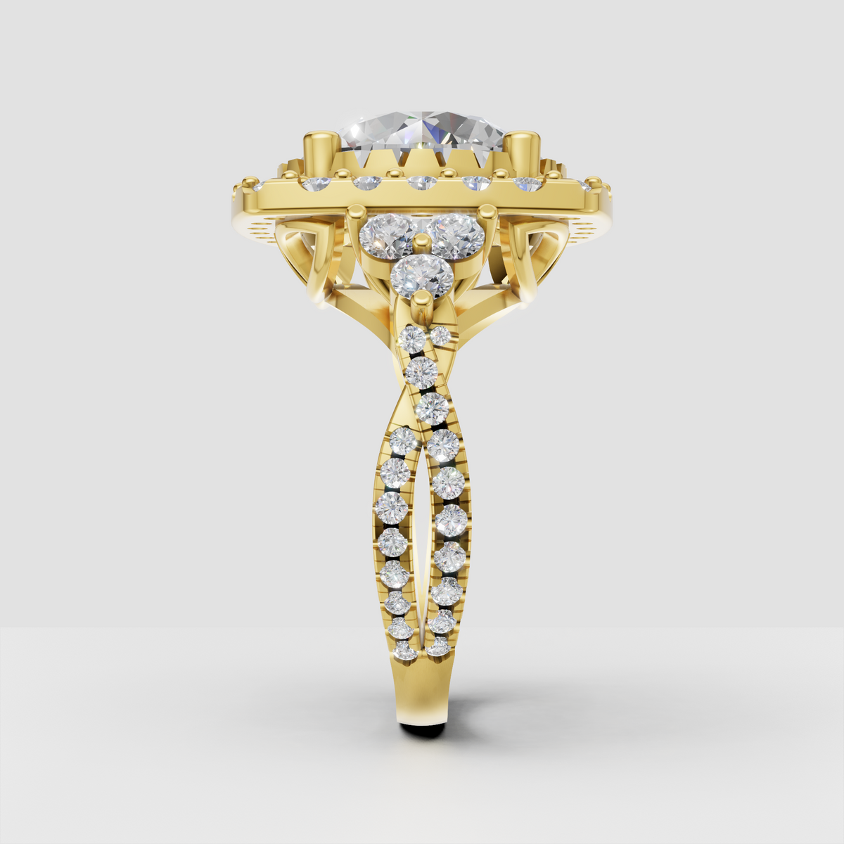 Yellow gold round halo engagement ring with pavé split shank
