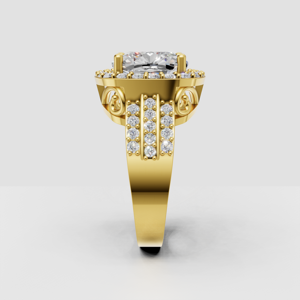 Cushion cut center diamond surrounded by a round diamond halo