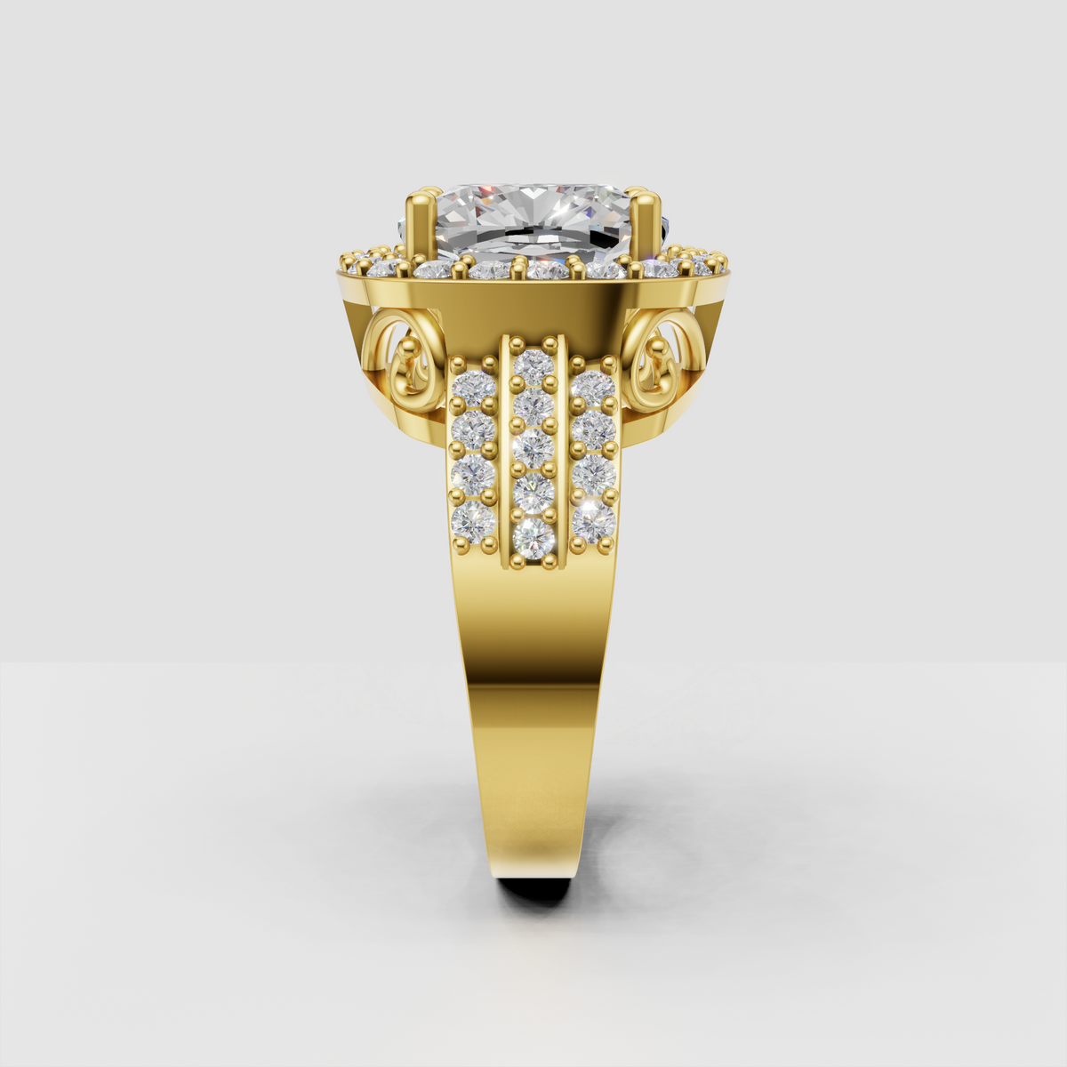 Cushion cut center diamond surrounded by a round diamond halo