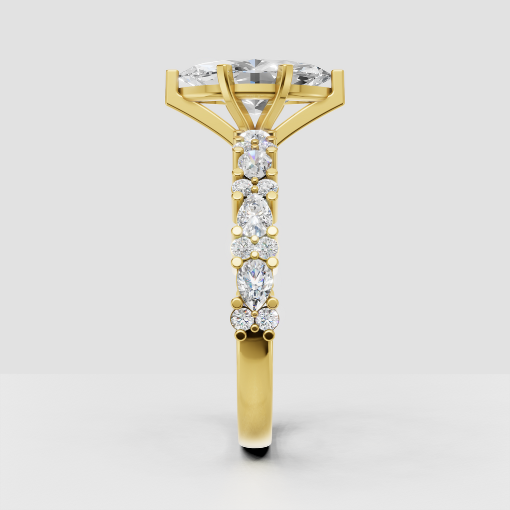 Yellow gold marquise engagement ring with alternating marquise and round side stones