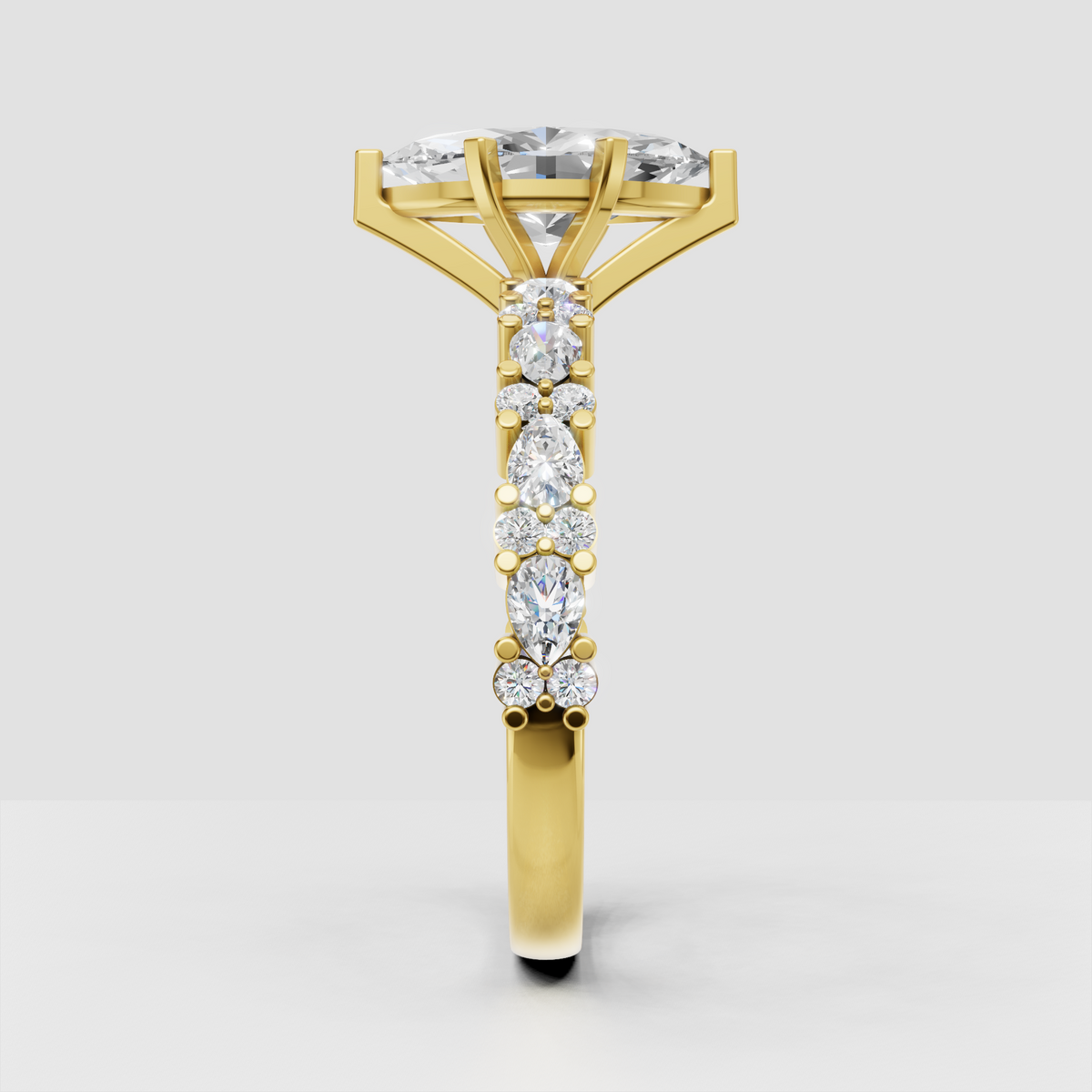 Yellow gold marquise engagement ring with alternating marquise and round side stones