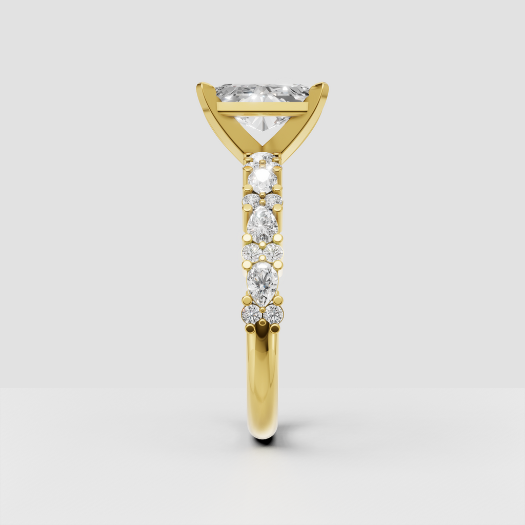 Radiant cut diamond ring featuring elegant accent diamonds on the shoulders
