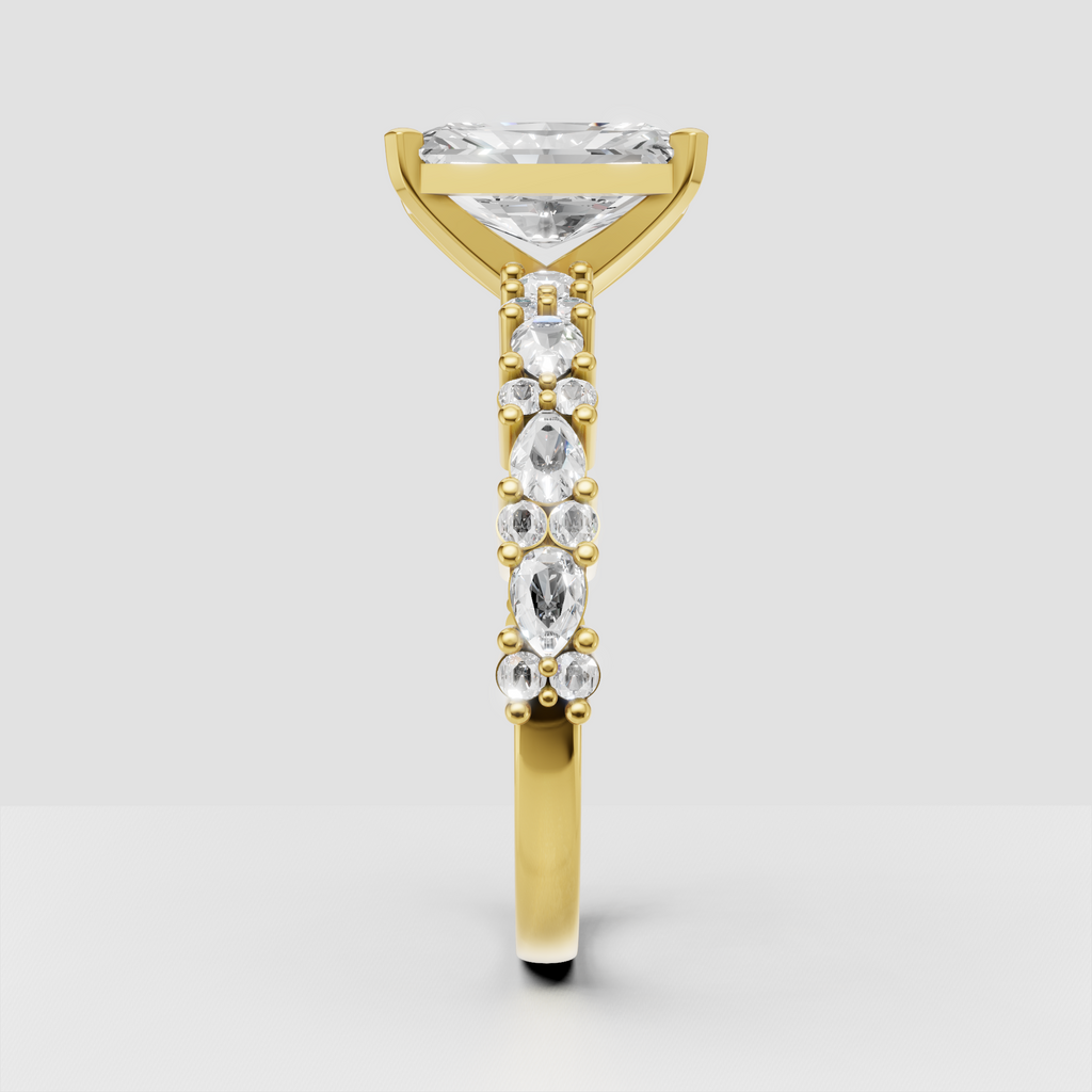 Radiant cut diamond ring with intricate multi-stone band