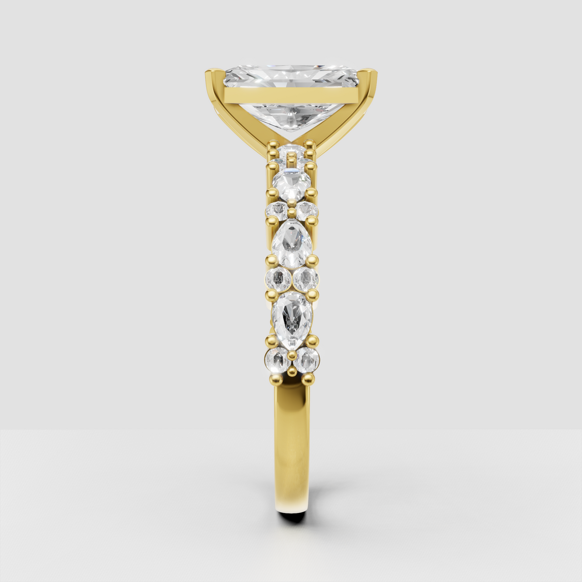 Radiant cut diamond ring with intricate multi-stone band