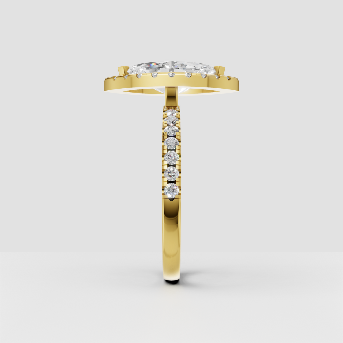 Elongated marquise center stone surrounded by a round-stone halo.