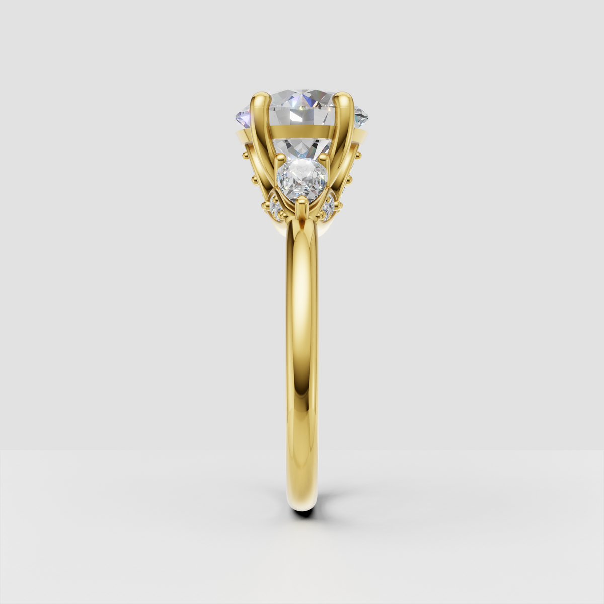 Botanical round diamond ring with leaf-inspired prongs